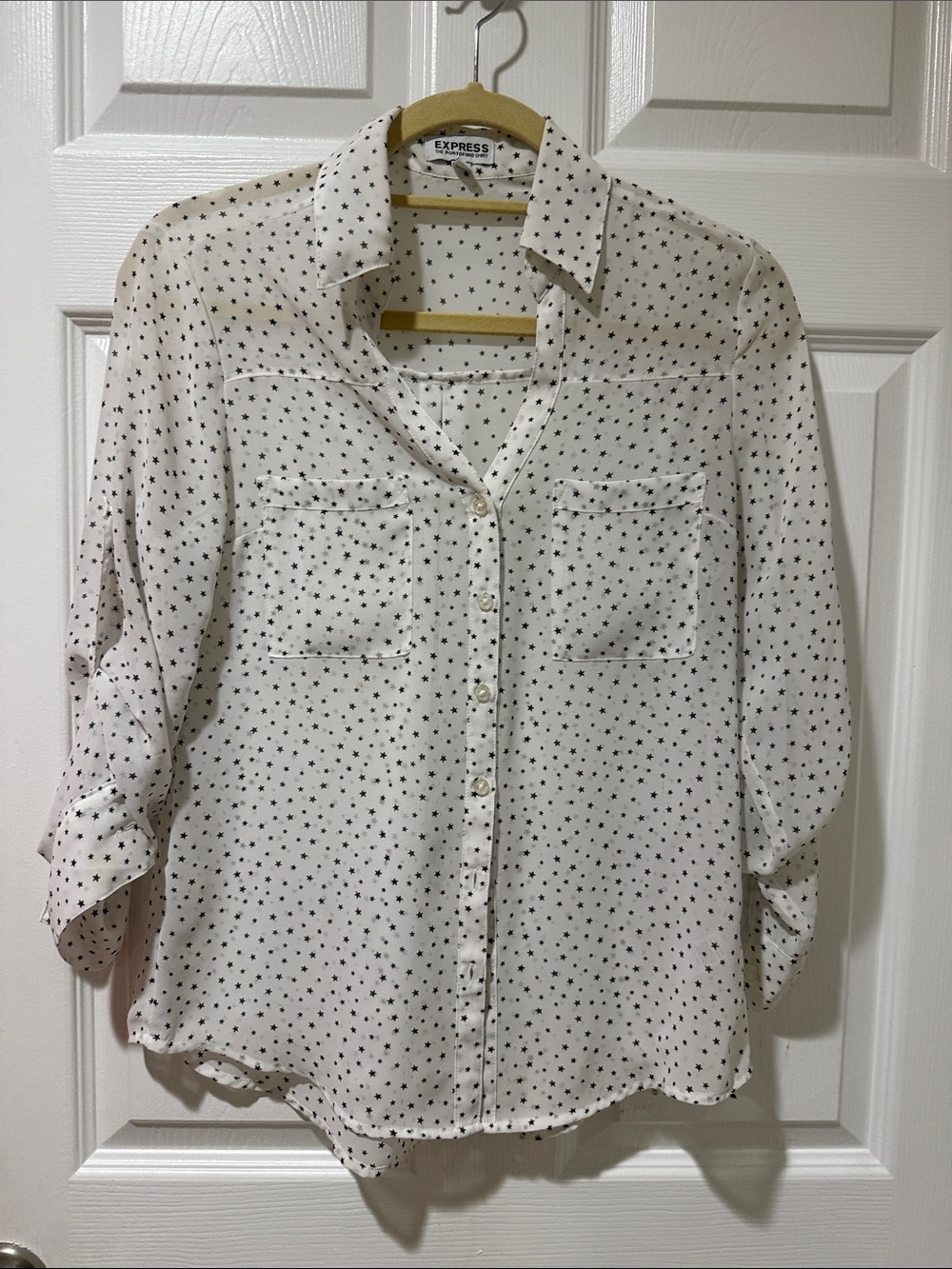 Express White Button-Down Shirt with Black Star Print